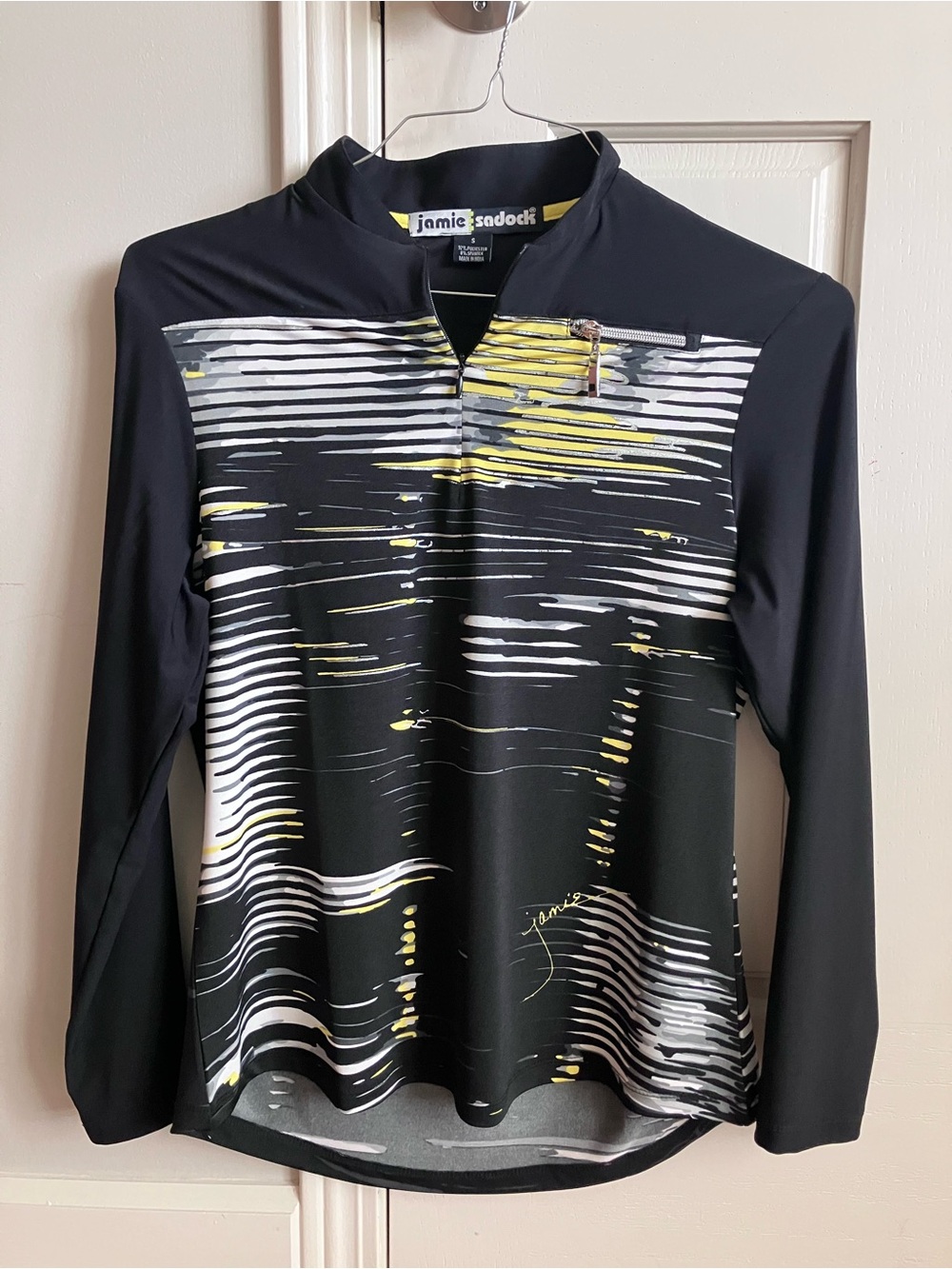 jamie sadock Black Long Sleeve Top with Yellow & White Graphic Stripes